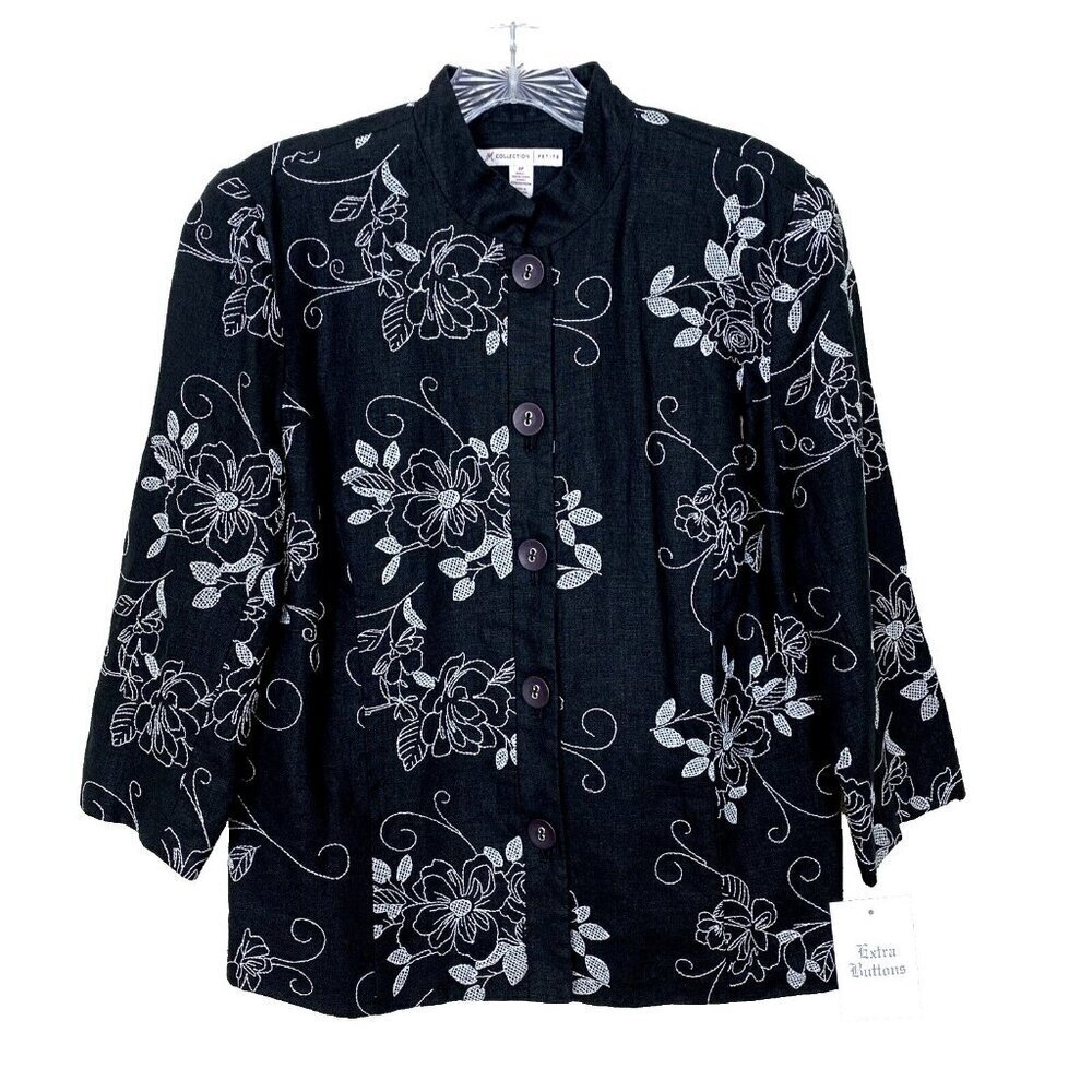 JM Collection Womens Linen Jacket 8 Petite NEW Black Floral Embroidered Shacket